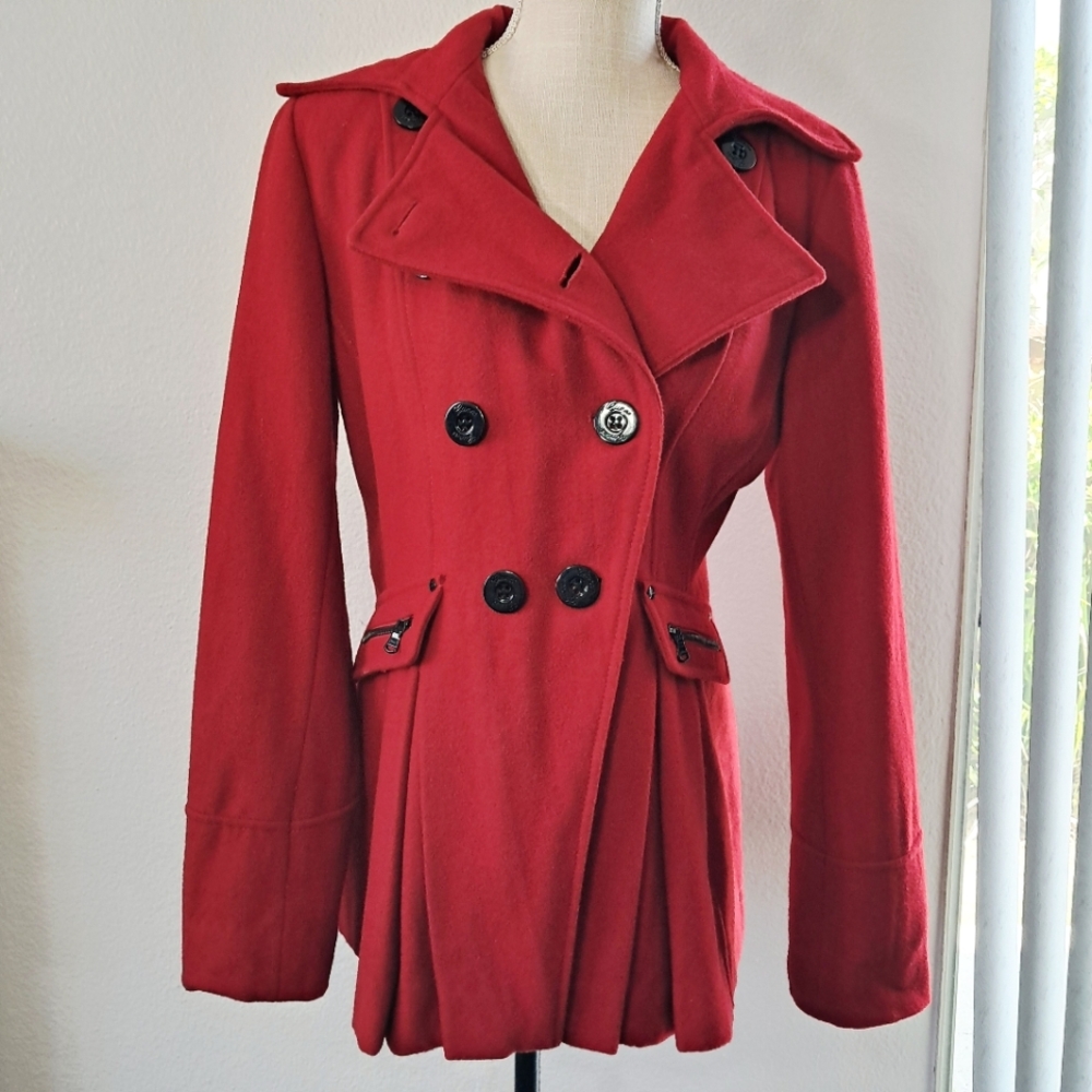 Guess Red Double-Breasted Pleated Coat Wool Blend Jacket Medium
